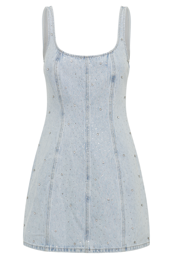 Rue Embellished Denim Mini Dress - Light Blue