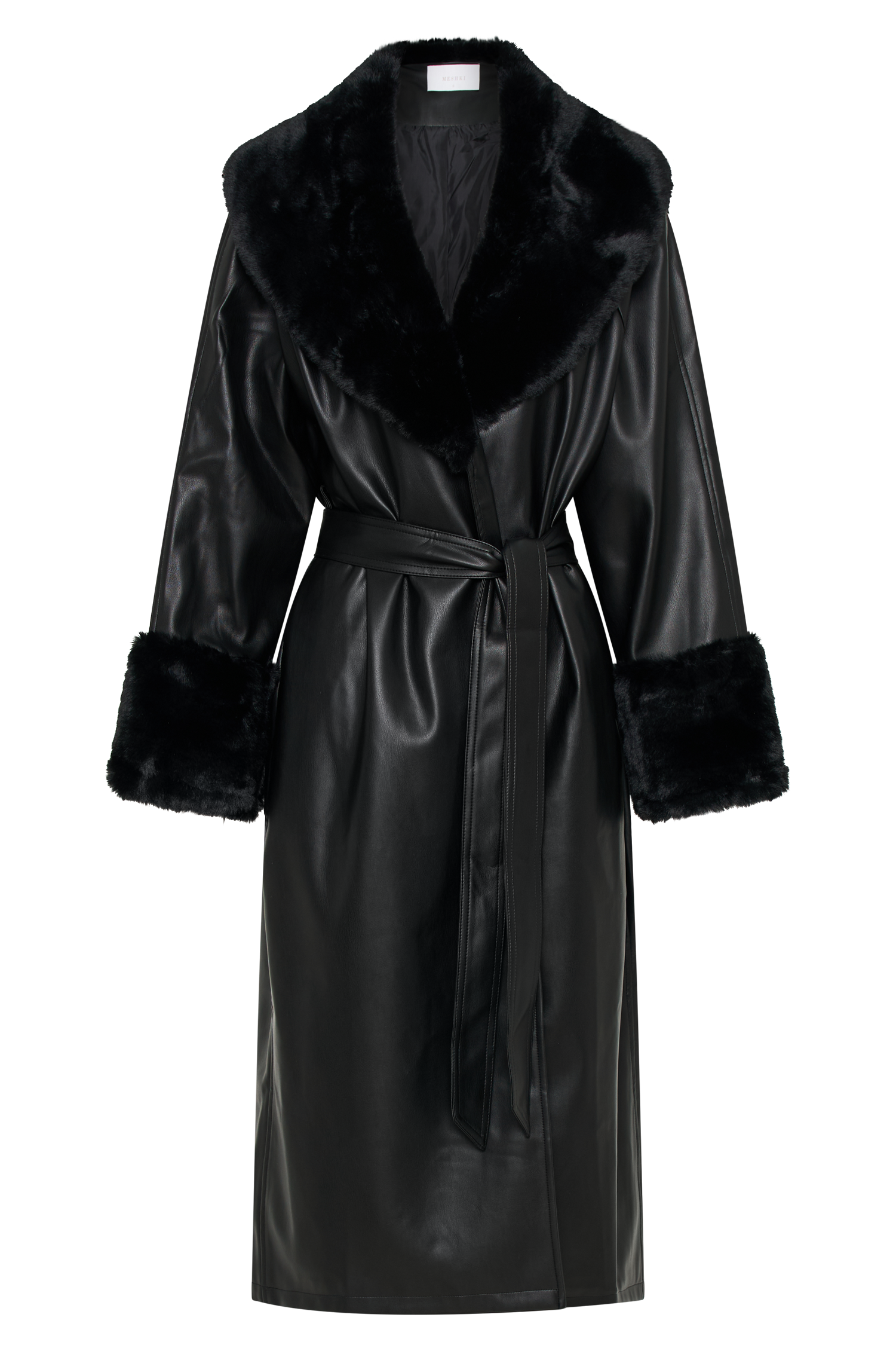 Rebekah Oversized Pu Trench Coat With Fur Trim - Black #11