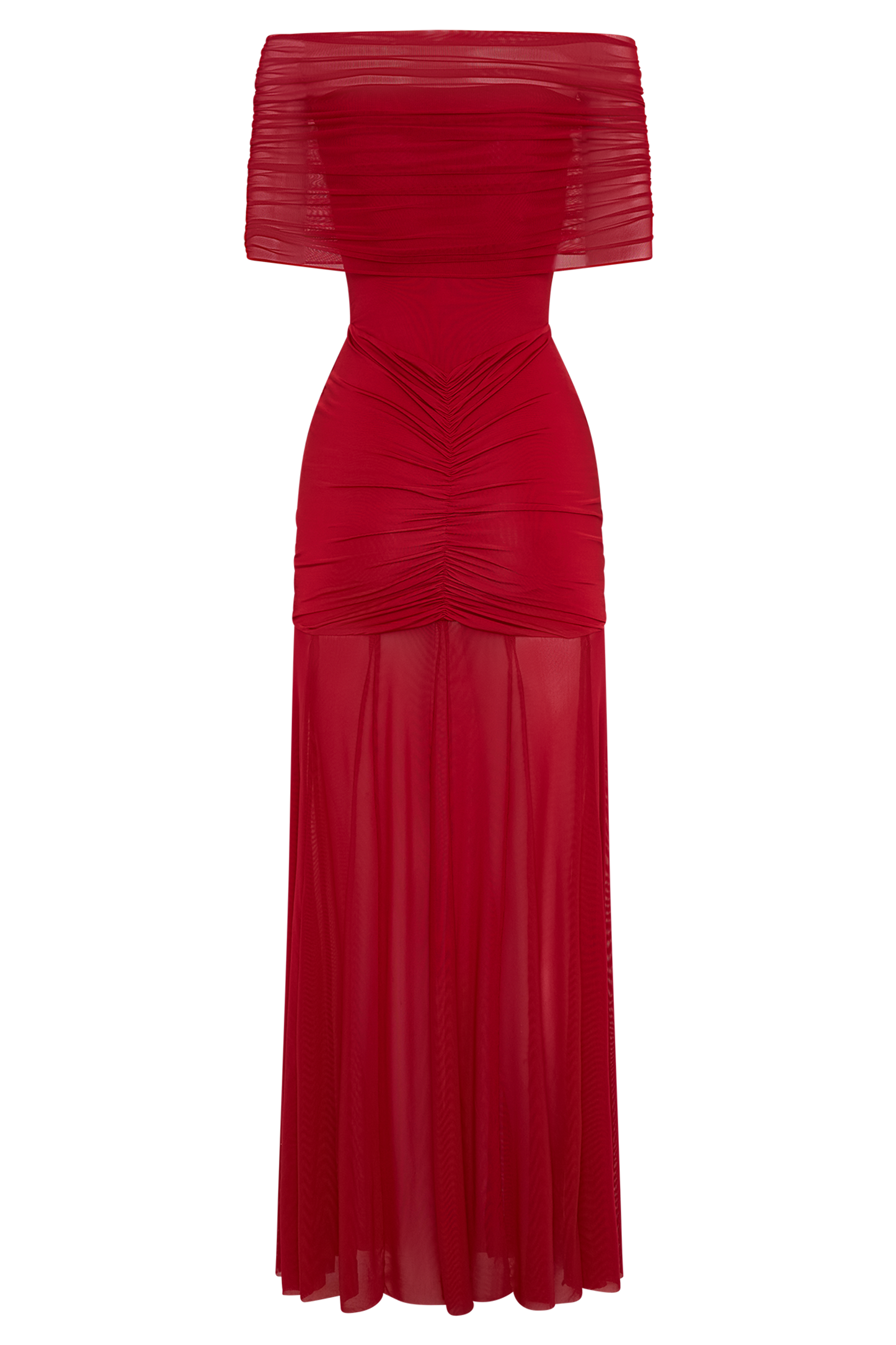 Caspian Slinky And Mesh Off Shoulder Maxi Dress Ruby MESHKI
