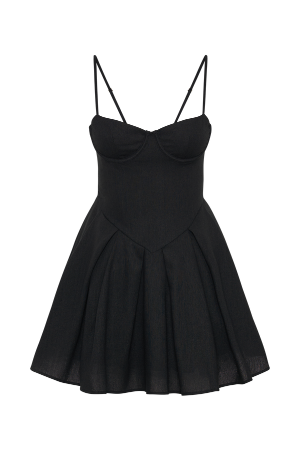 Dorinda Pleated Linen Mini Dress - Black