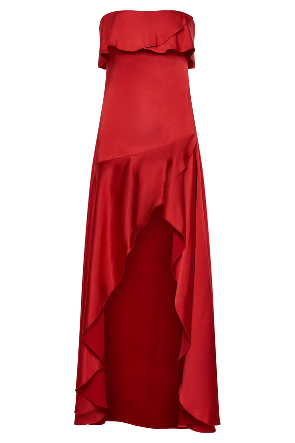 Sulianna Strapless Ruffle Midi Dress - Vermilion Red