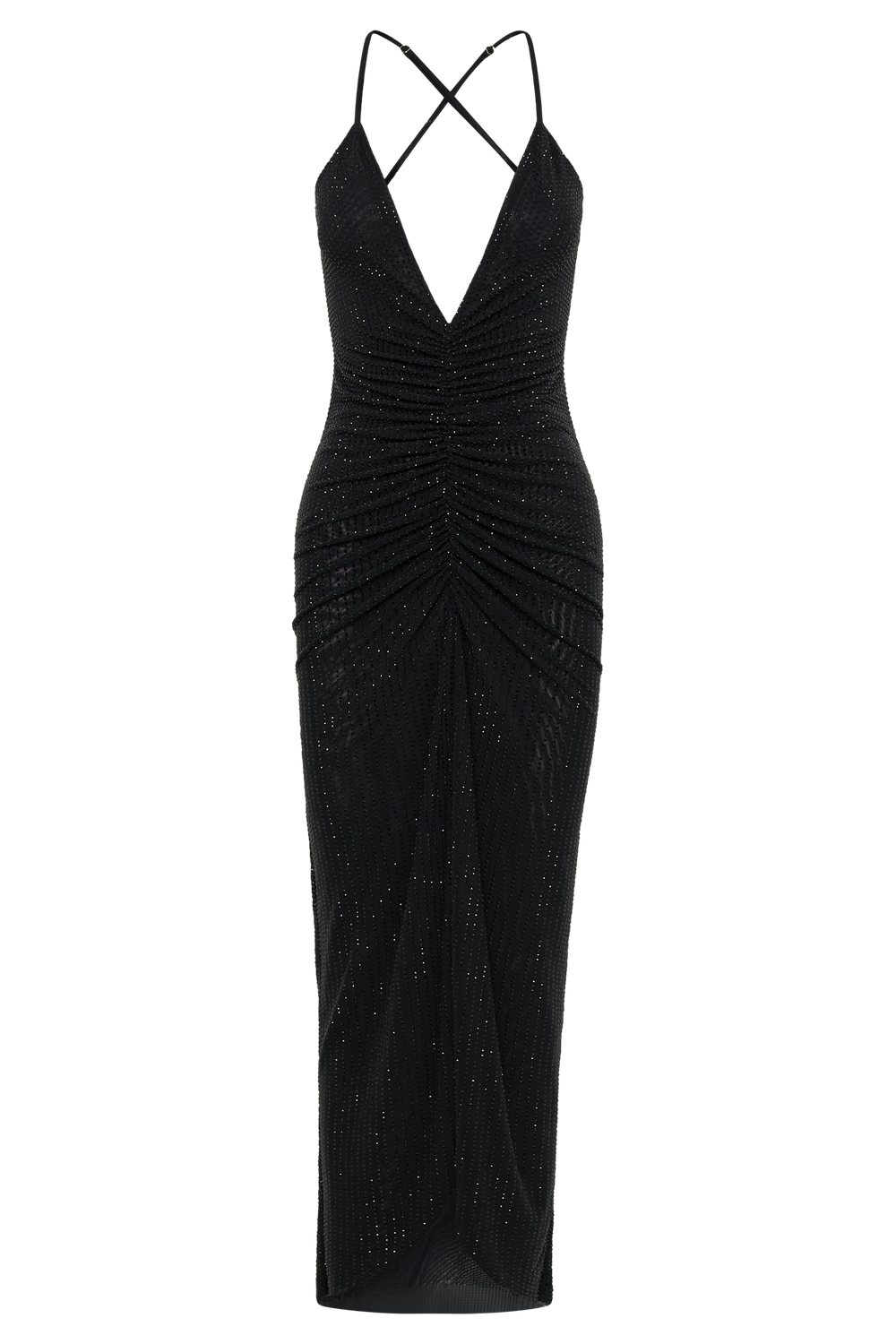 Emeraude Diamante Ruched Midi Dress - Black
