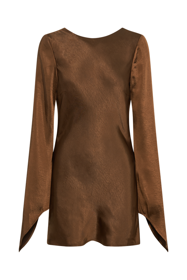 Davina Satin Long Sleeve Mini Dress - Dark Brown
