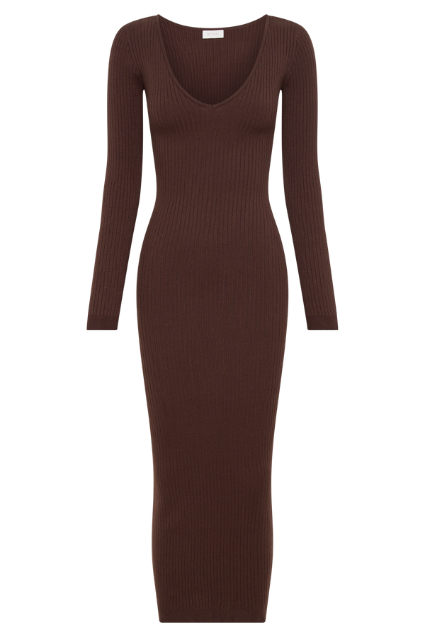 Nina Long Sleeve Knit Midi Dress - Chocolate