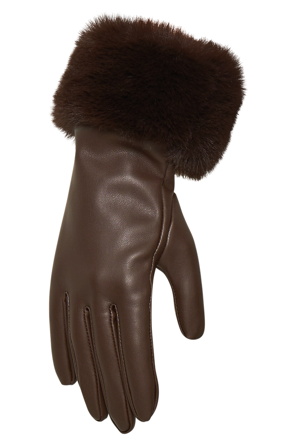 Jessabel Faux Leather Fur Trim Gloves - Dark Brown
