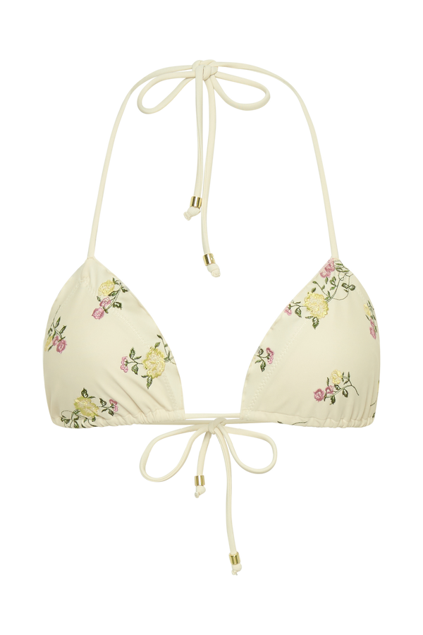 Sommer Embroidered Triangle Bikini Top - Ivory Flower Print
