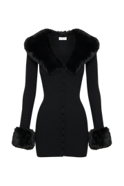 Aurora Fur Trim Knit Mini Dress - Black