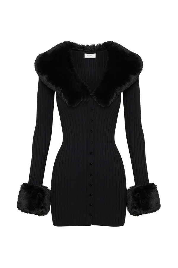 Aurora Fur Trim Knit Mini Dress - Black