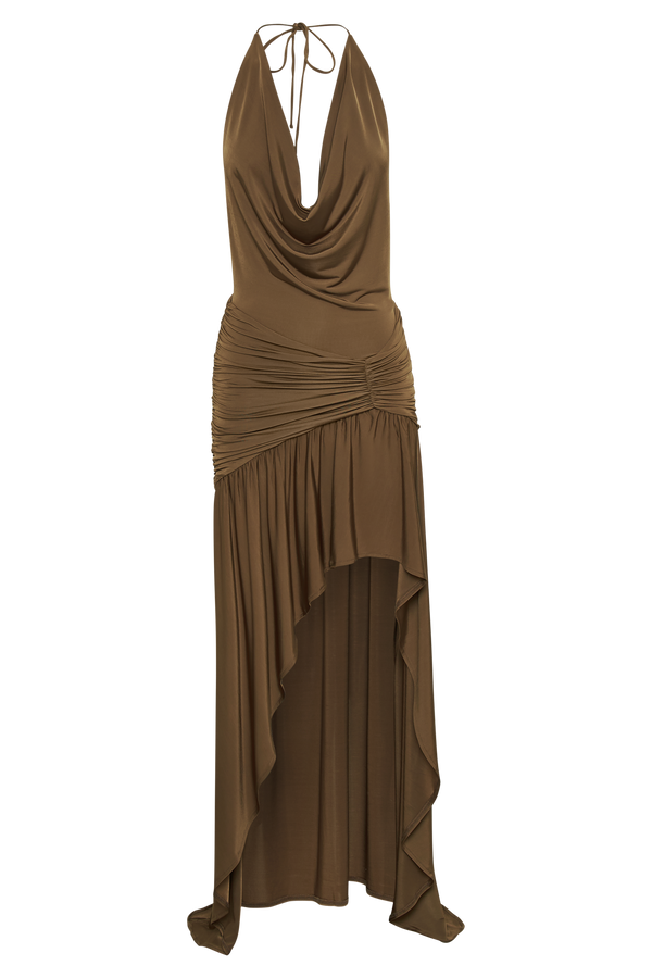 Serenity Ruched Slinky Maxi Dress - Chocolate