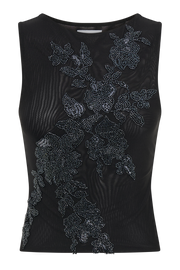 Luci Beaded Flower Mesh Top - Black
