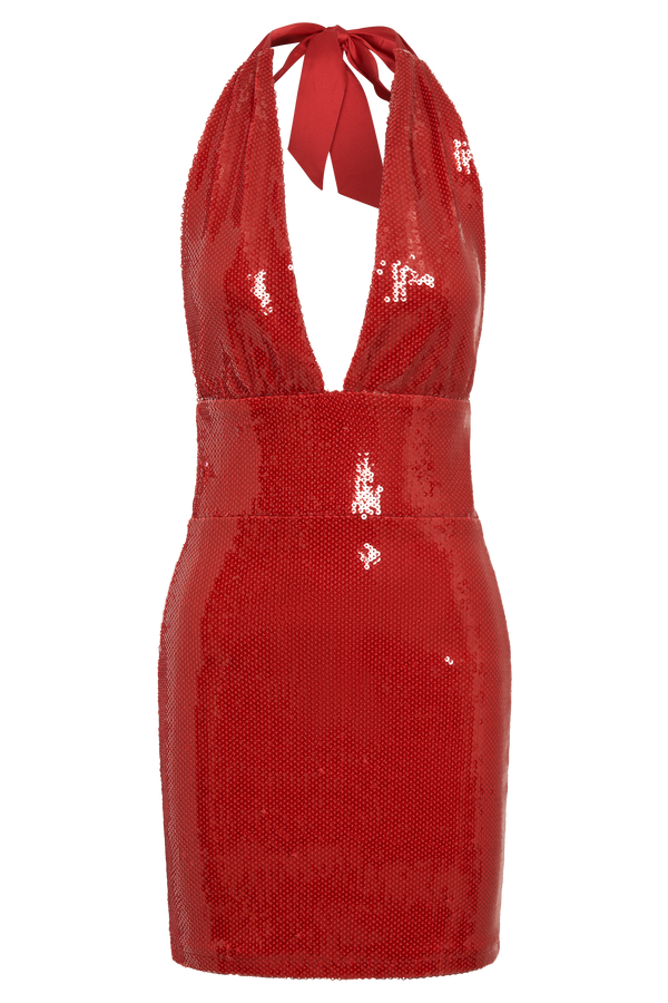 Carleigh Sequin Halter Mini Dress - Red