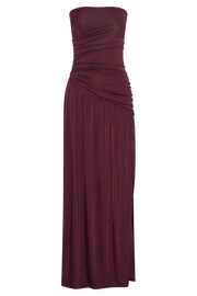 Bex Strapless Slinky Maxi Dress With Split - Burgundy