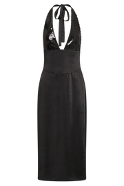 Ebony Satin Midi Dress With Sequins - Black