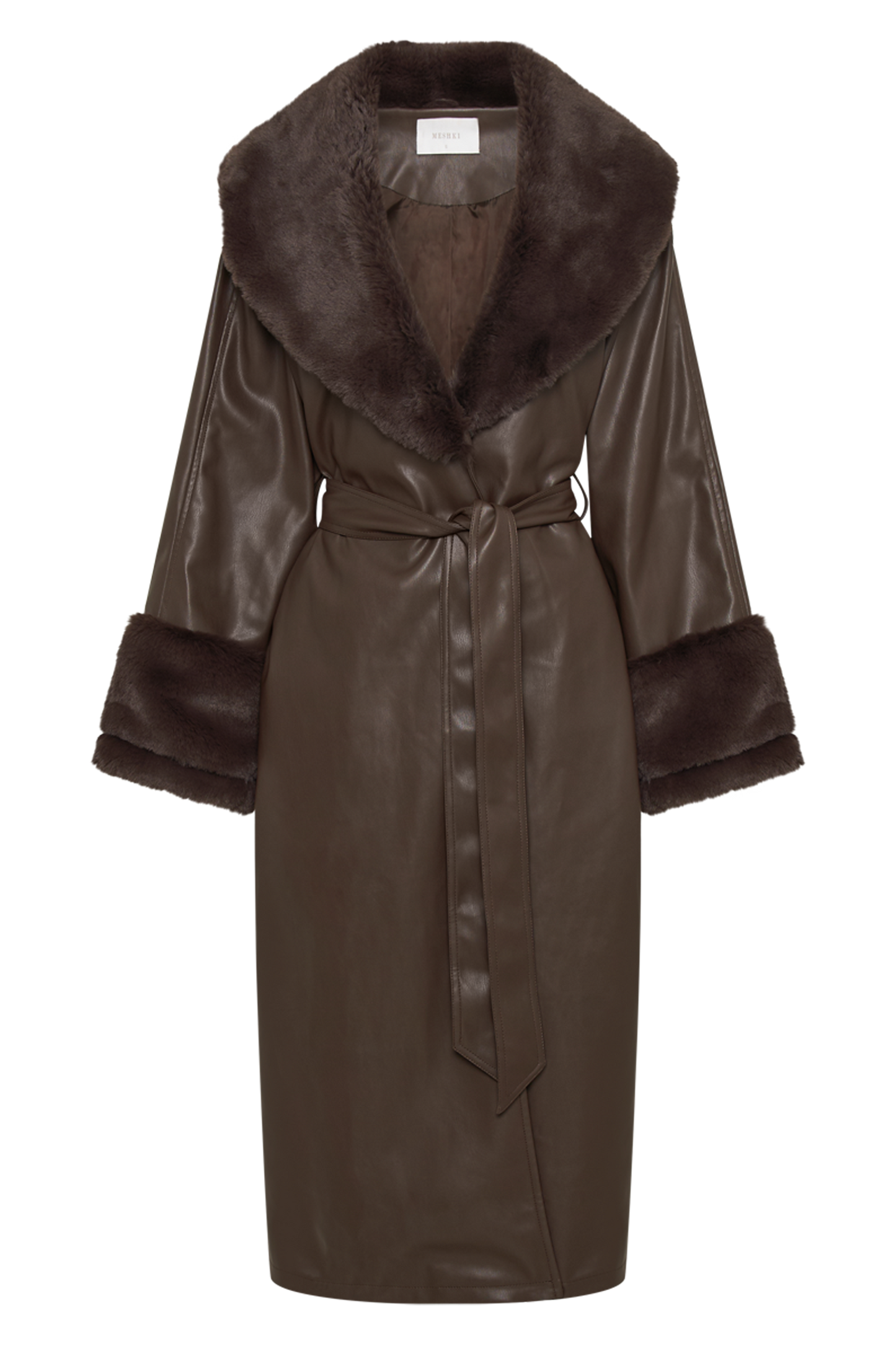 Rebekah Oversized Pu Trench Coat With Fur Trim Dark Brown MESHKI