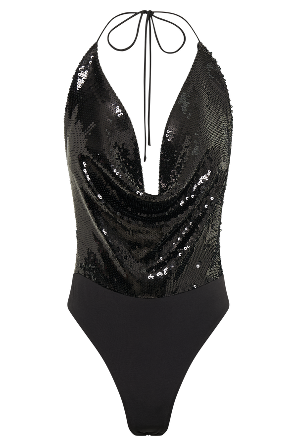 Nathalie Sequin Cowl Bodysuit - Black