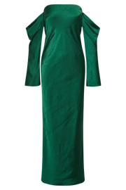Vee Off Shoulder Satin Midi Dress - Emerald