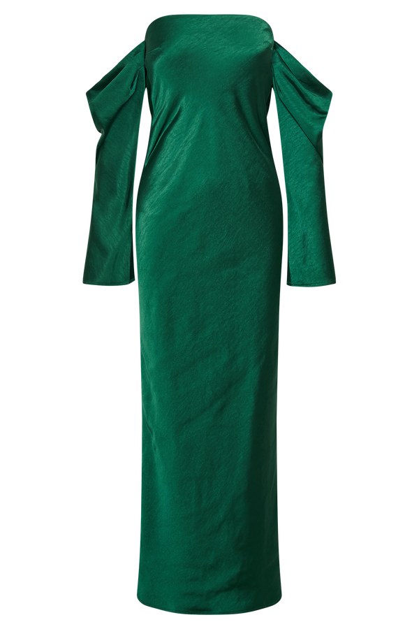 Vee Off Shoulder Satin Midi Dress - Emerald