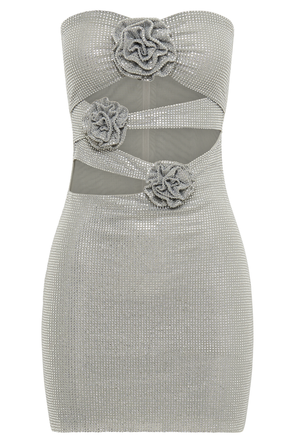 Korinna Strapless Rose Diamante Mini Dress - Silver