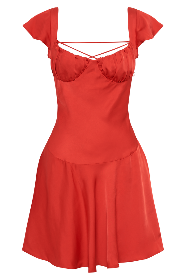 Carson Ruched Satin Mini Dress - Red