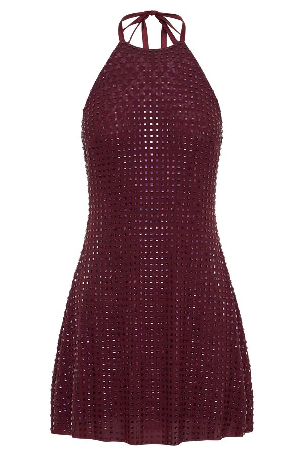 Dorothy Square Diamante Halter Mini Dress - Burgundy