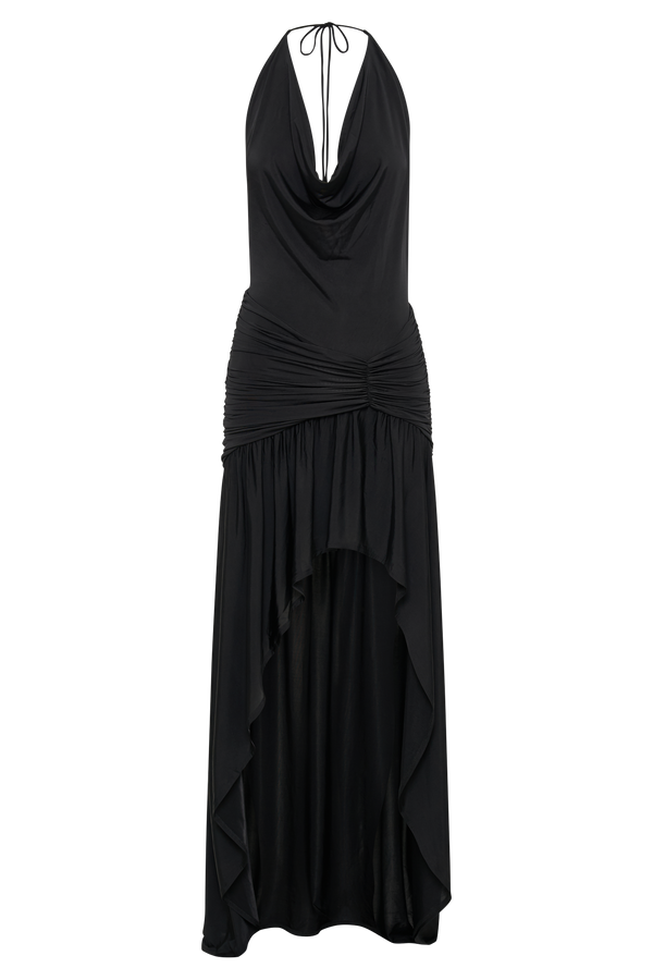 Serenity Ruched Slinky Maxi Dress - Black