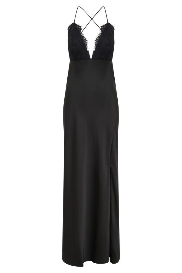 Gina Satin Slip Maxi Dress With Lace - Black