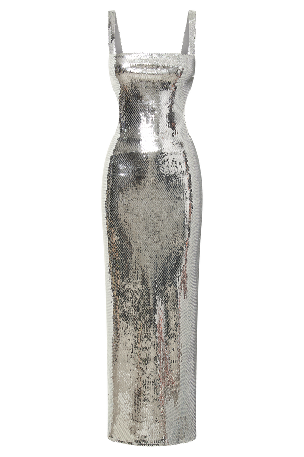 Adoria Sequin Cut Out Maxi Dress - Silver