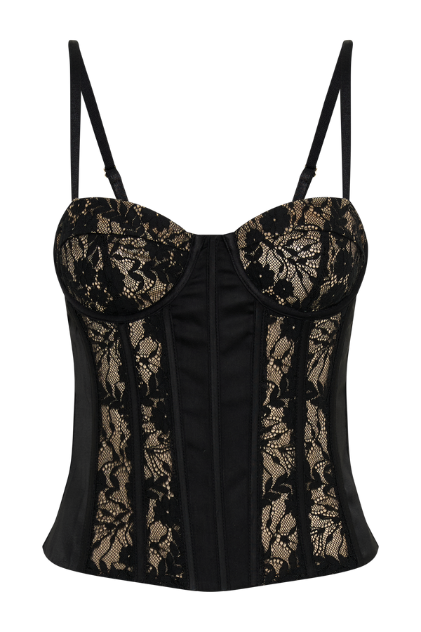 Maryse Satin And Lace Corset Top - Black