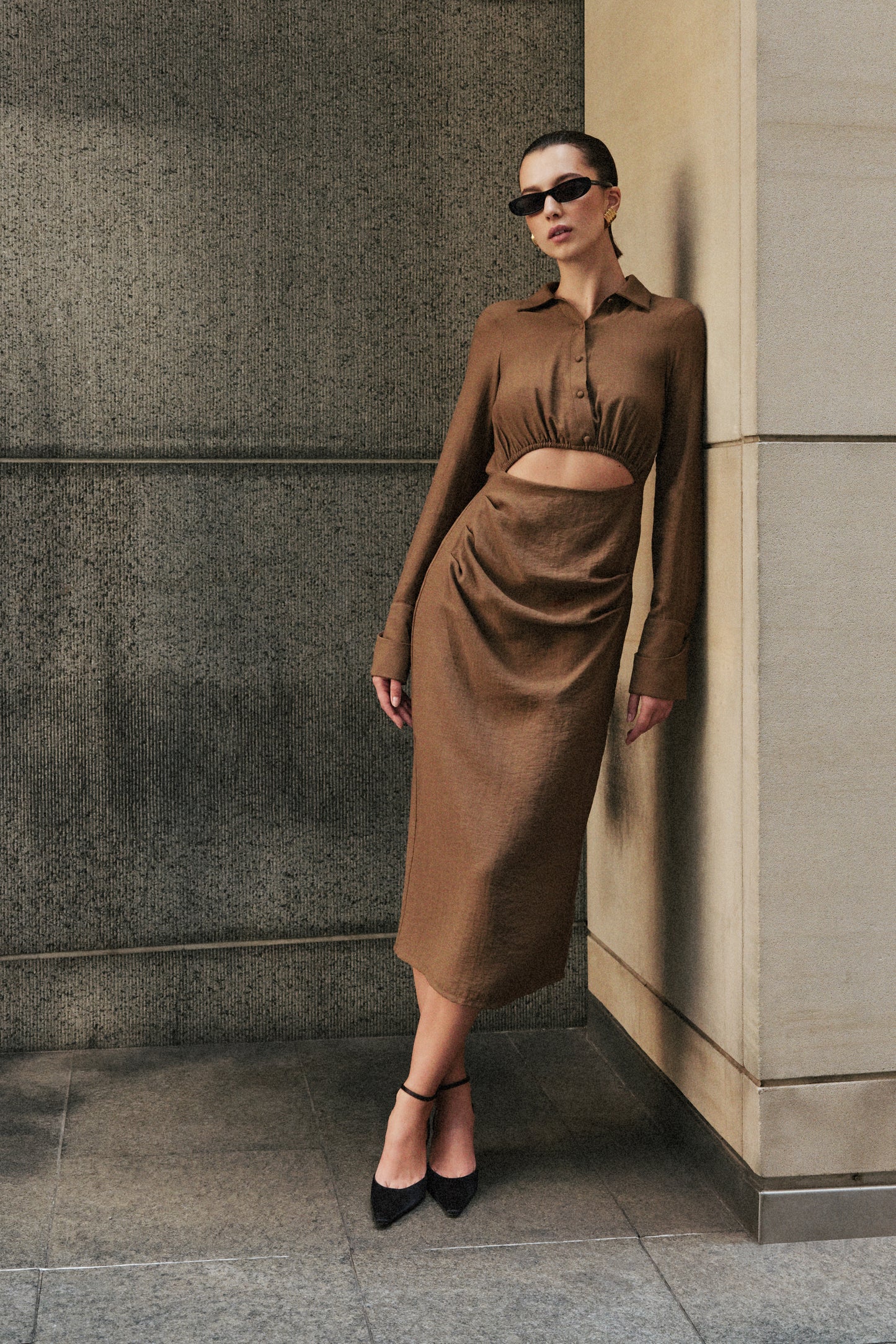 Cecilie Cut Out Shirt Midi Dress - Dark Chocolate