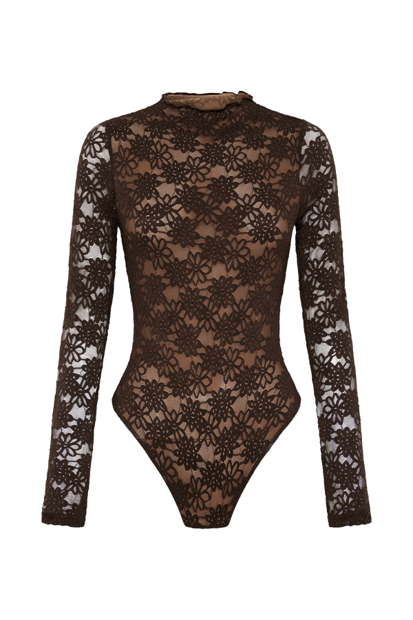 Renata Lace Long Sleeve Bodysuit - Chocolate - MESHKI