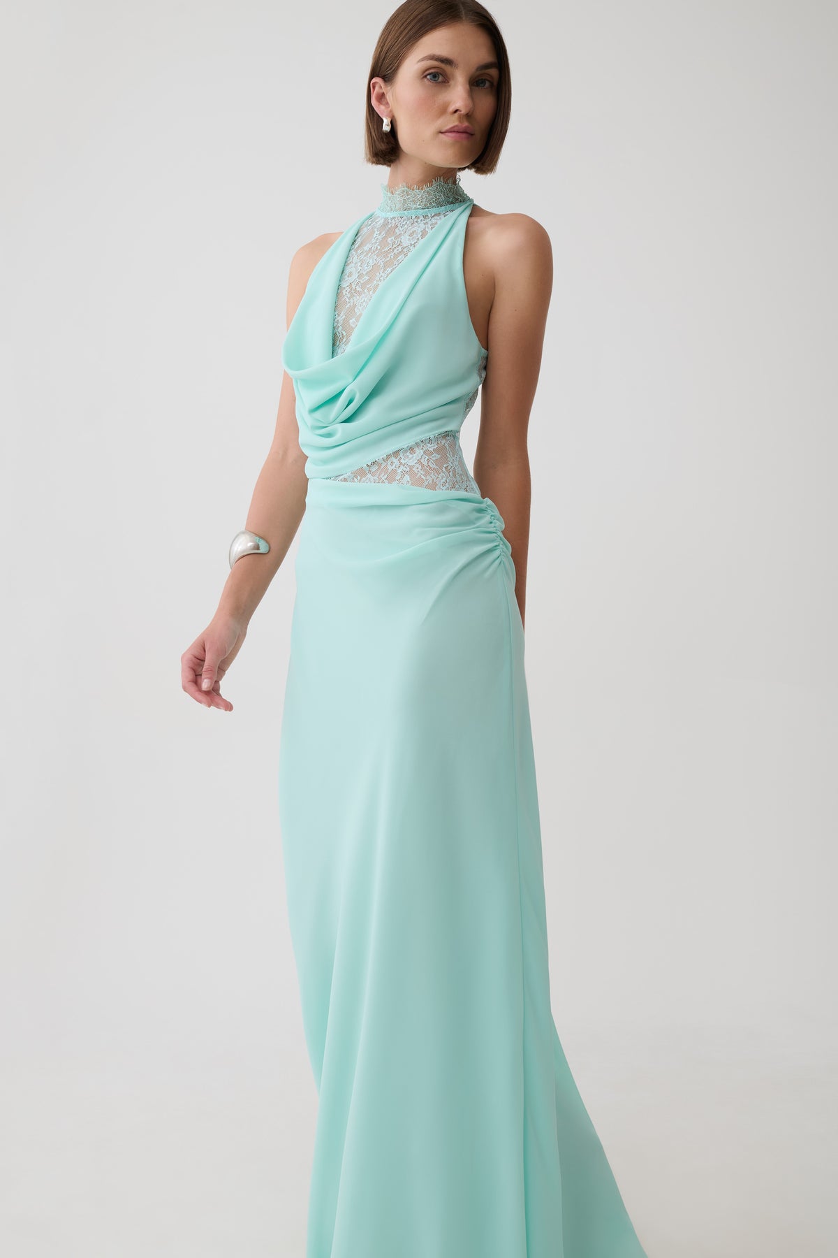 Arra Chiffon And Lace Halter Maxi Dress - Cyan Blue