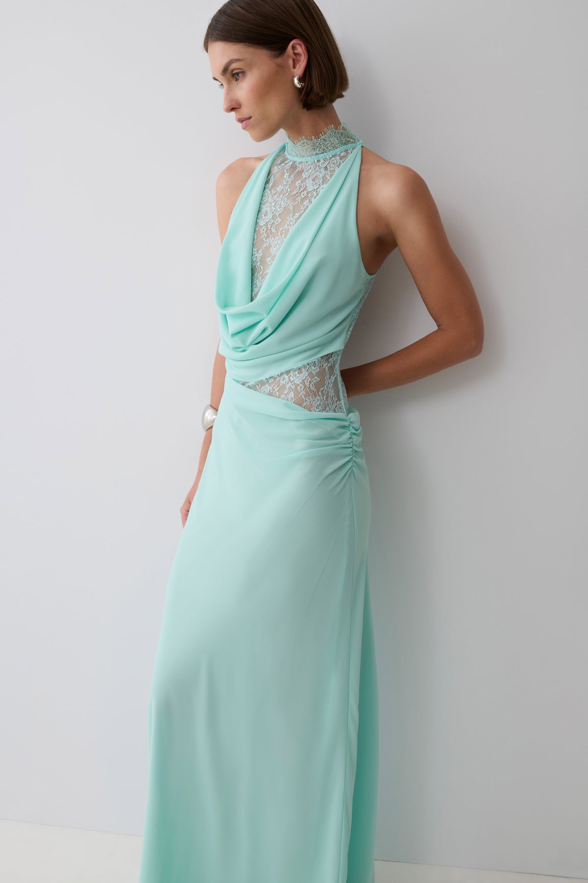 Arra Chiffon And Lace Halter Maxi Dress - Cyan Blue
