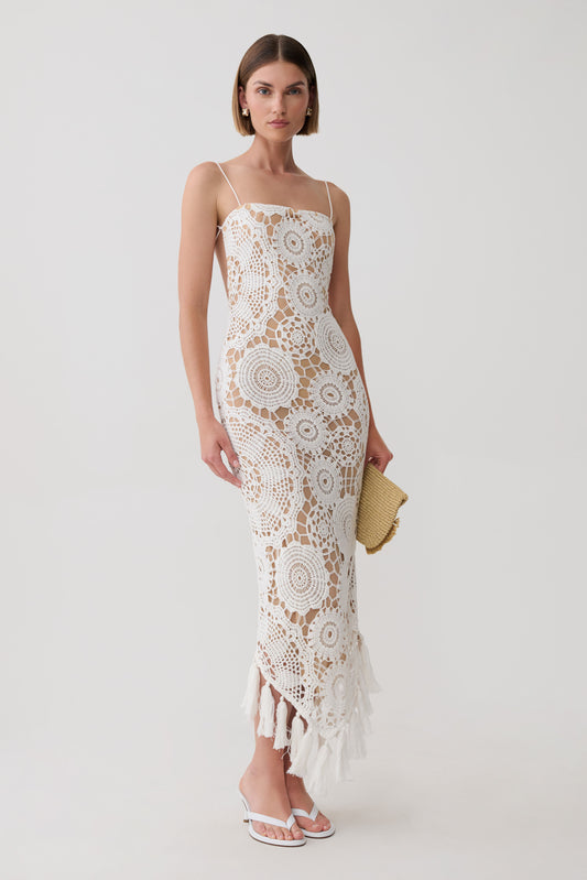 Delta Crochet Halter Midi Dress - White