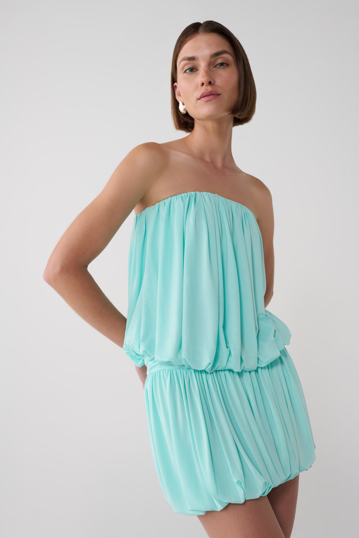 Safiya Strapless Gathered Bubble Mini Dress - Aqua Blue