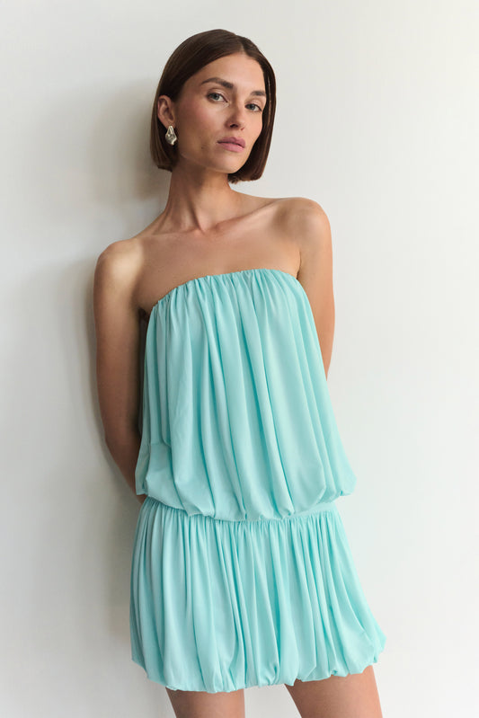 Safiya Strapless Gathered Bubble Mini Dress - Aqua Blue