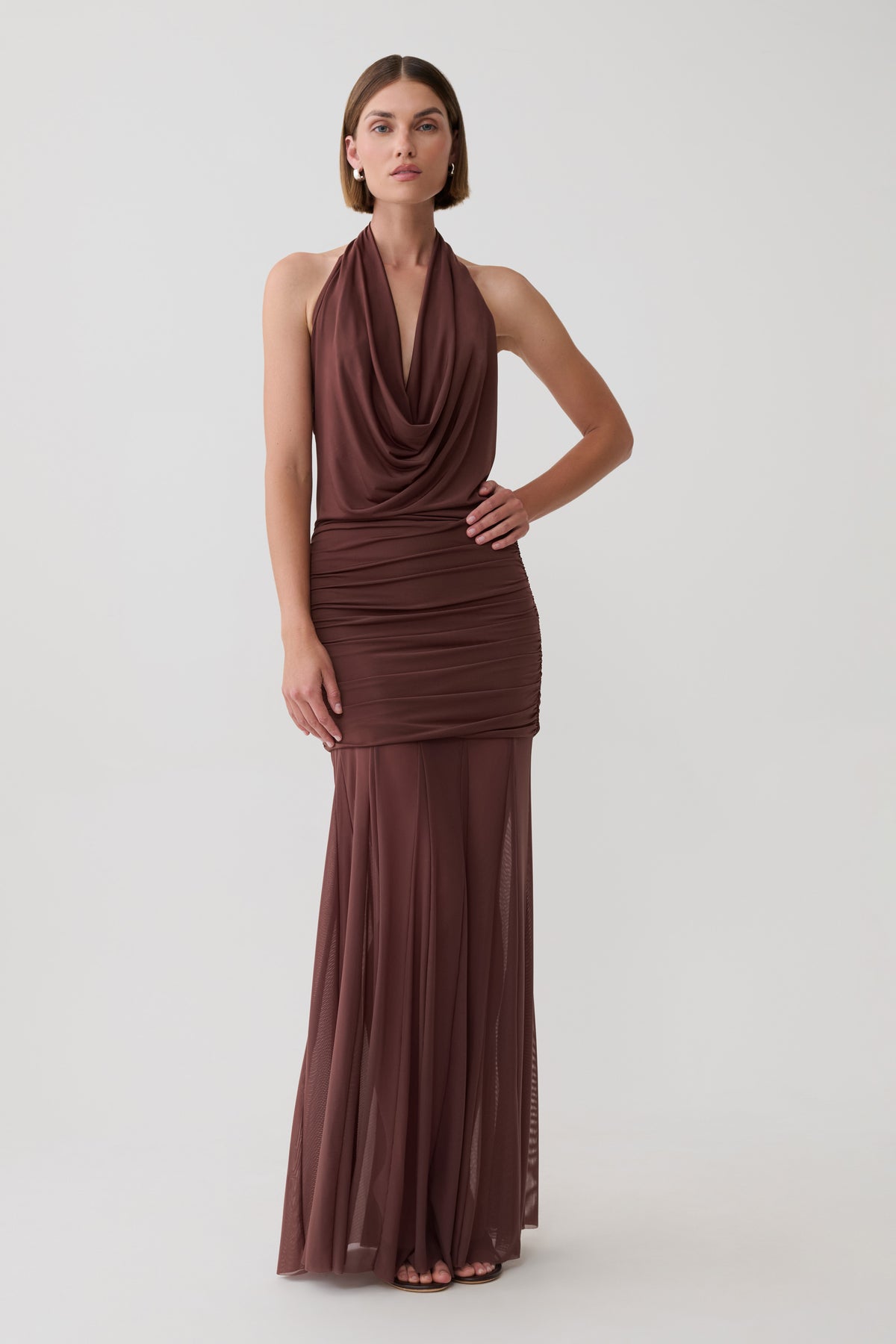 Jorja Draped Halter Slinky Maxi Dress - Chocolate