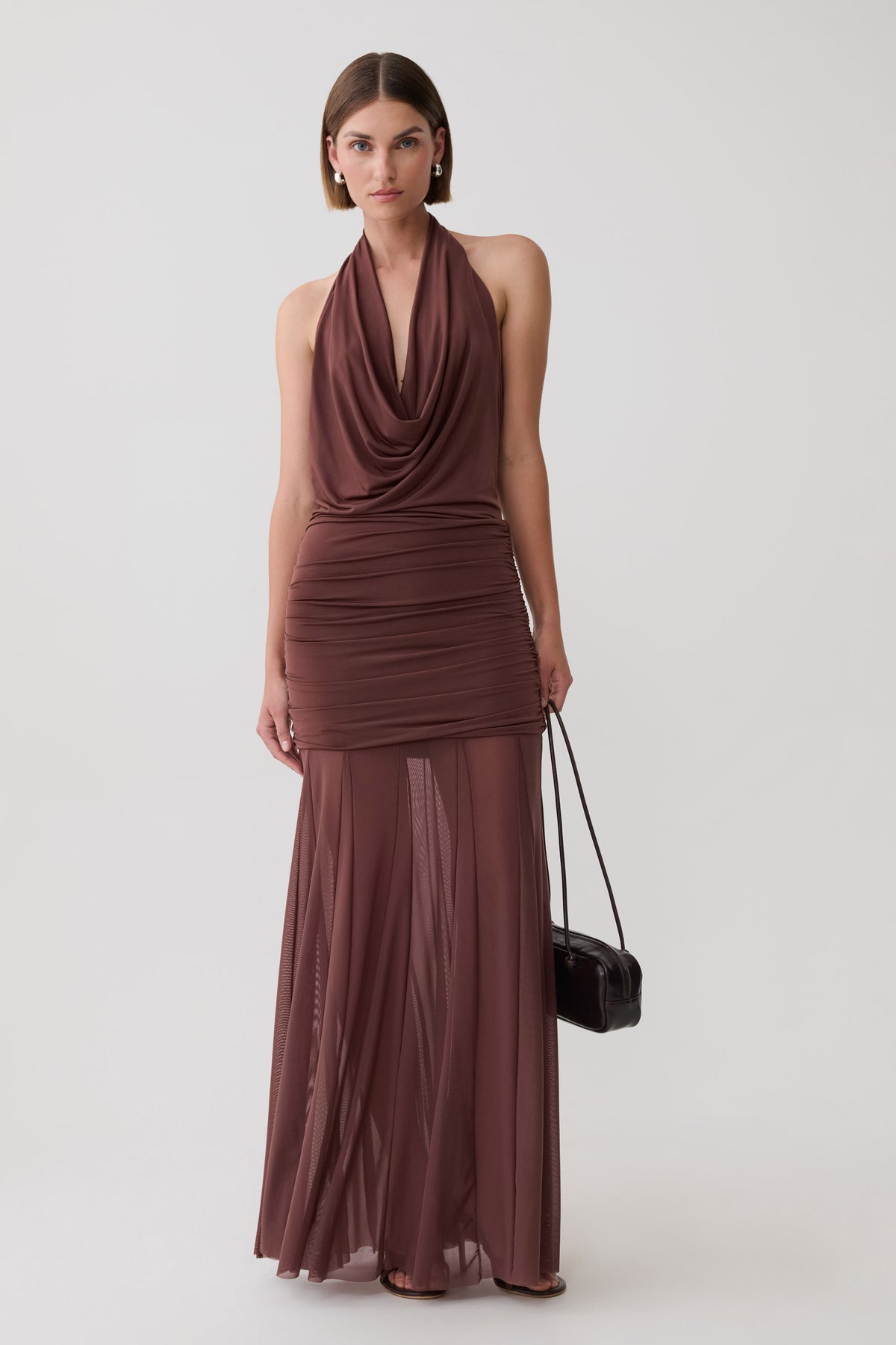 Jorja Draped Halter Slinky Maxi Dress - Chocolate