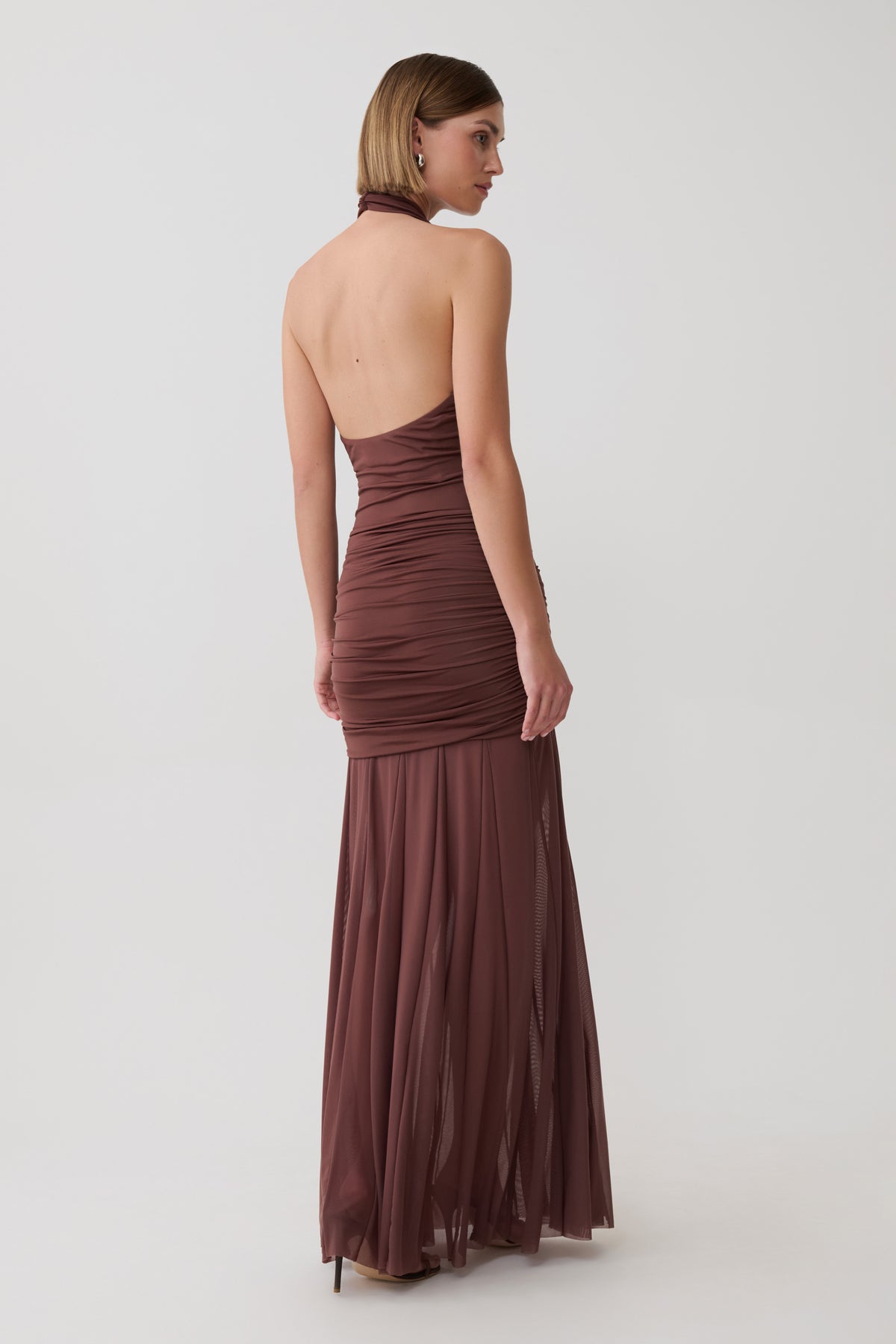Jorja Draped Halter Slinky Maxi Dress - Chocolate #2