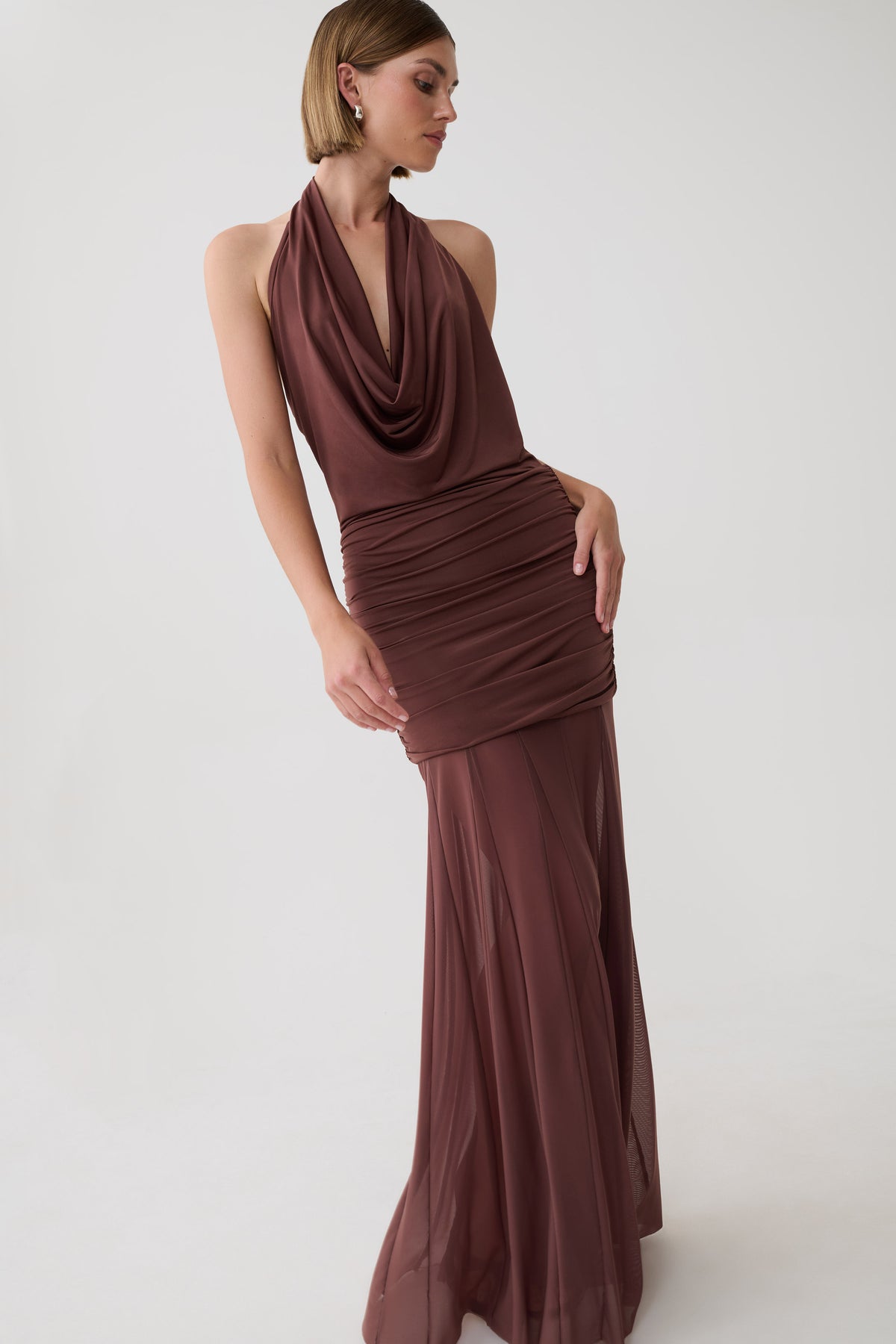 Jorja Draped Halter Slinky Maxi Dress - Chocolate