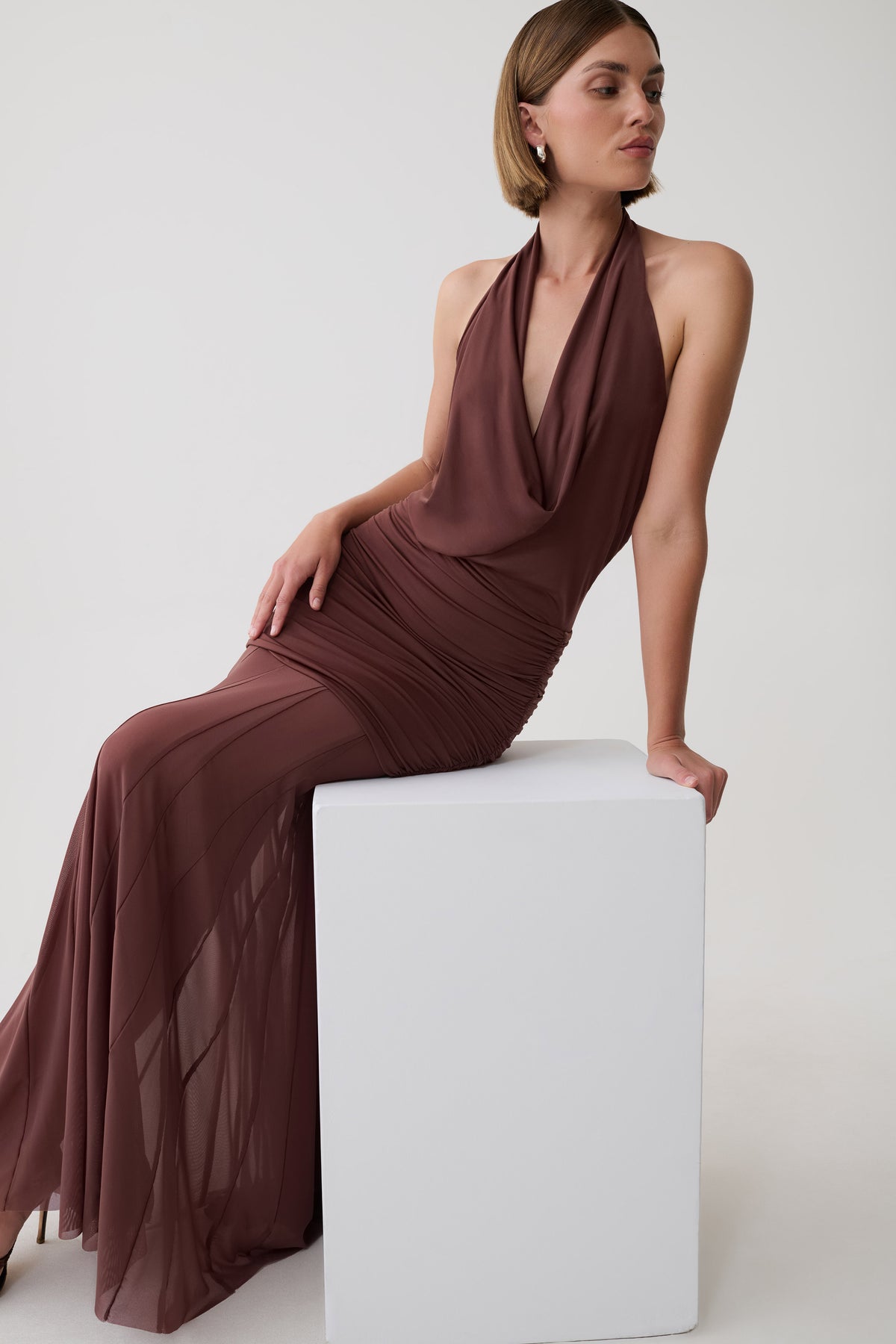 Jorja Draped Halter Slinky Maxi Dress - Chocolate #6
