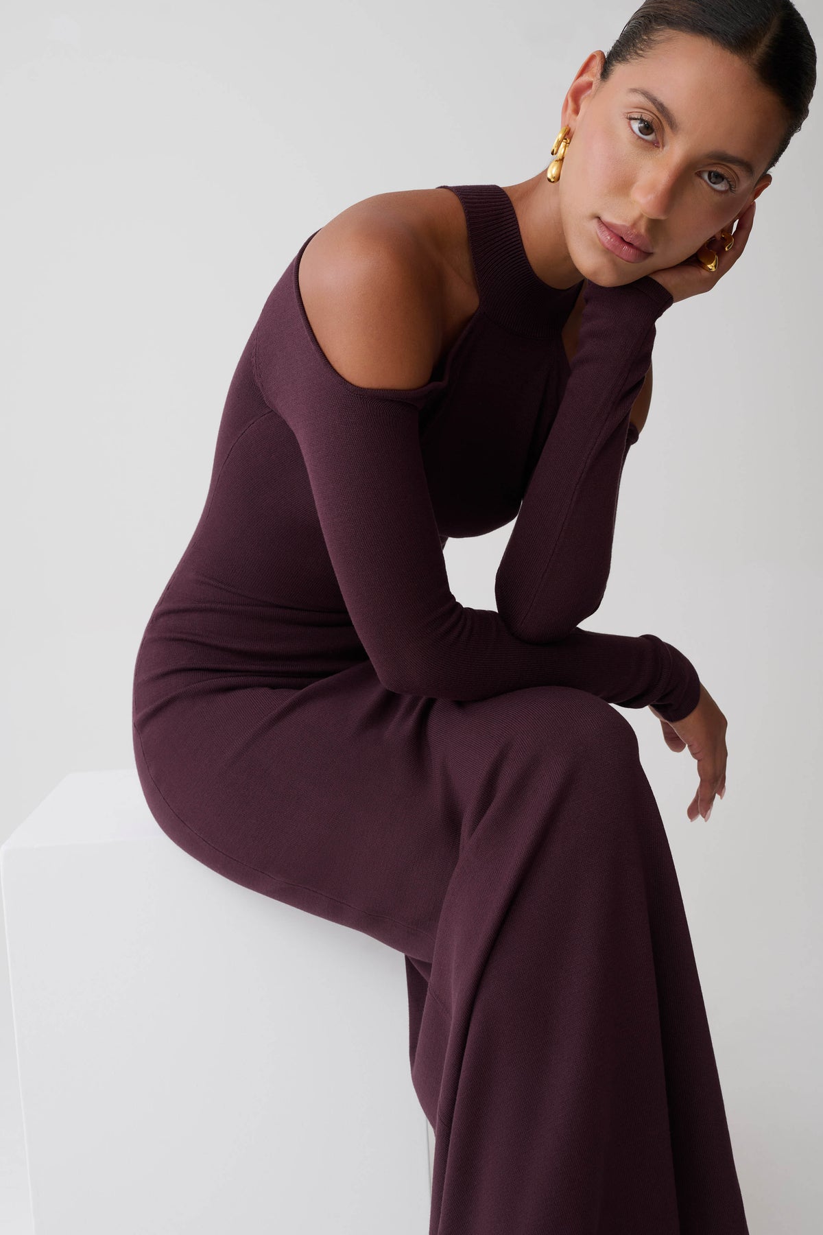 Emma Open Shoulder Maxi Knit Dress - Dark Chocolate #6