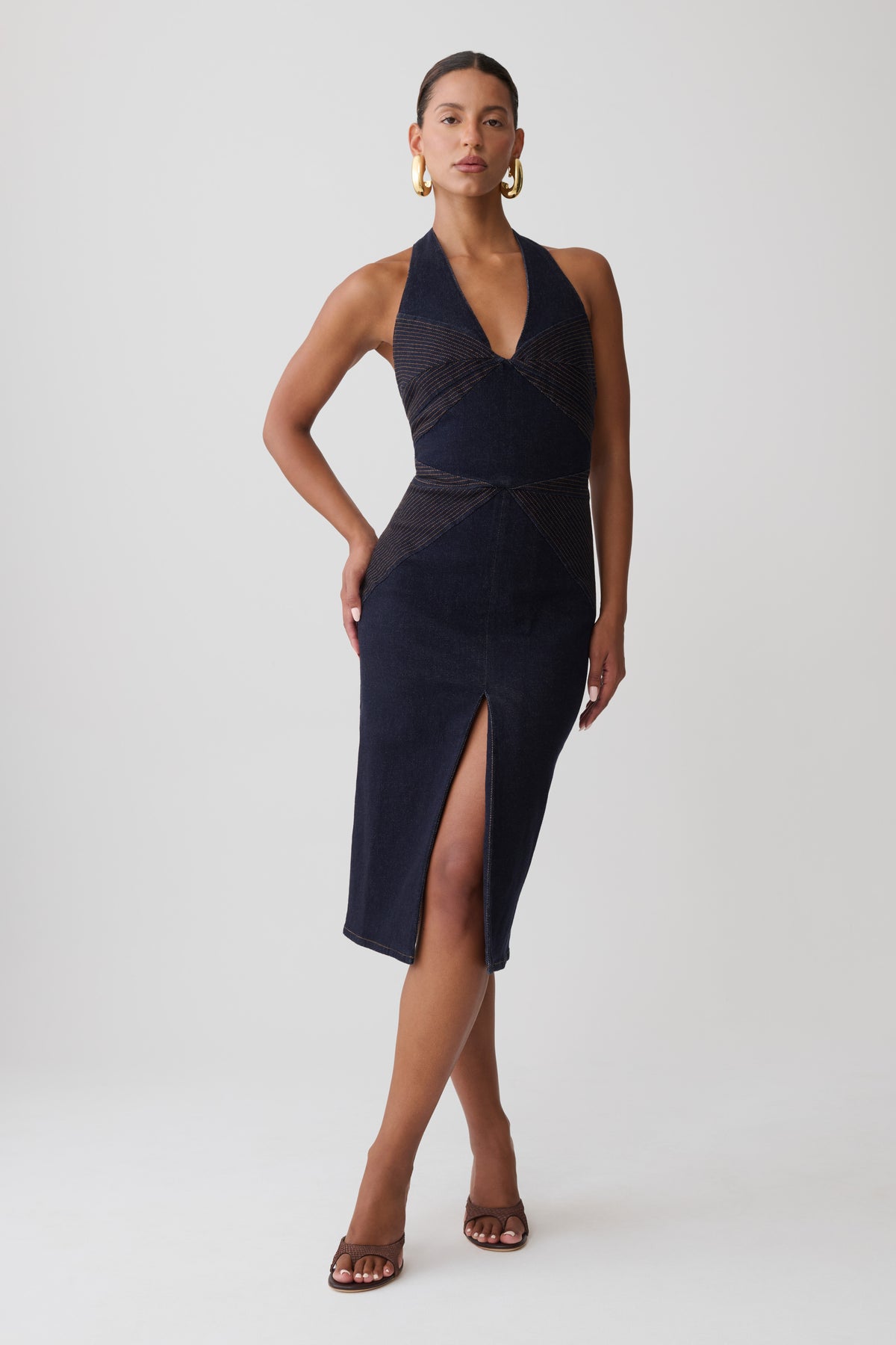 Kath Top Stitched Denim Midi Dress - Washed Indigo Blue