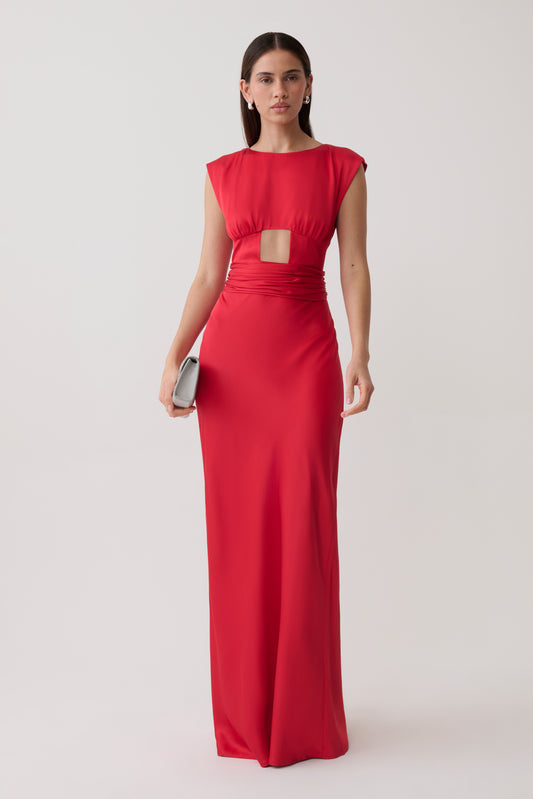 Destiny Cut Out Satin Maxi Dress - Red