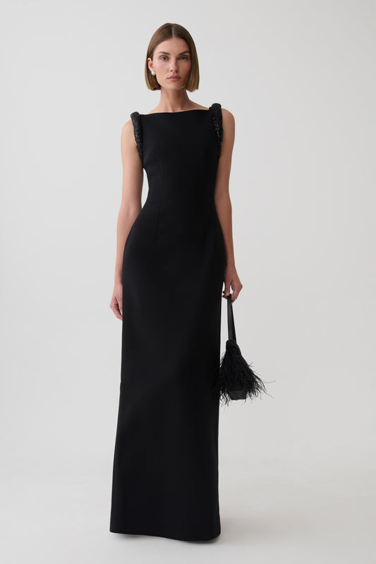 Elsie Crepe Maxi Dress With Beaded Straps - Black