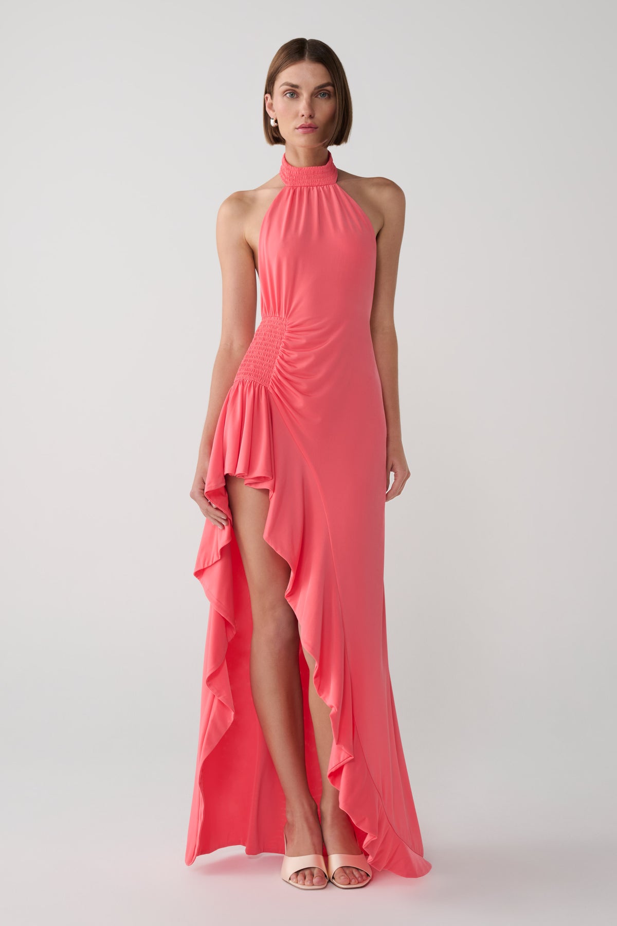 Andaluz High Neck Side Split Dress - Pink Peach