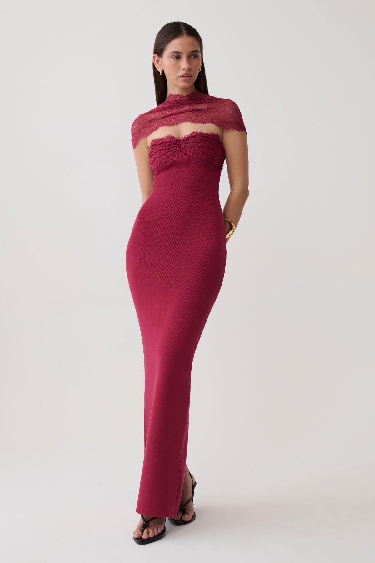 Leny Lace & Bandage Knit Maxi Dress - Burgundy