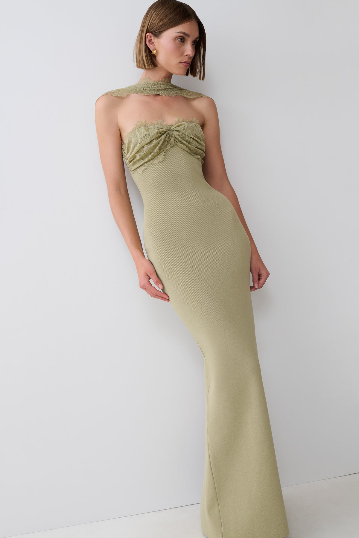 Leny Lace & Bandage Knit Maxi Dress - Green