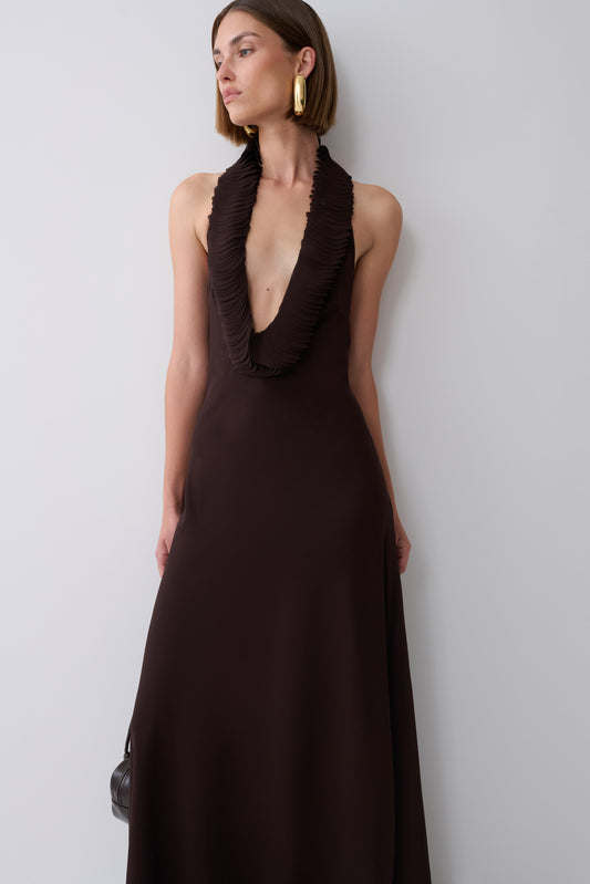 Floriane Chiffon Halter Maxi Dress - Dark Chocolate