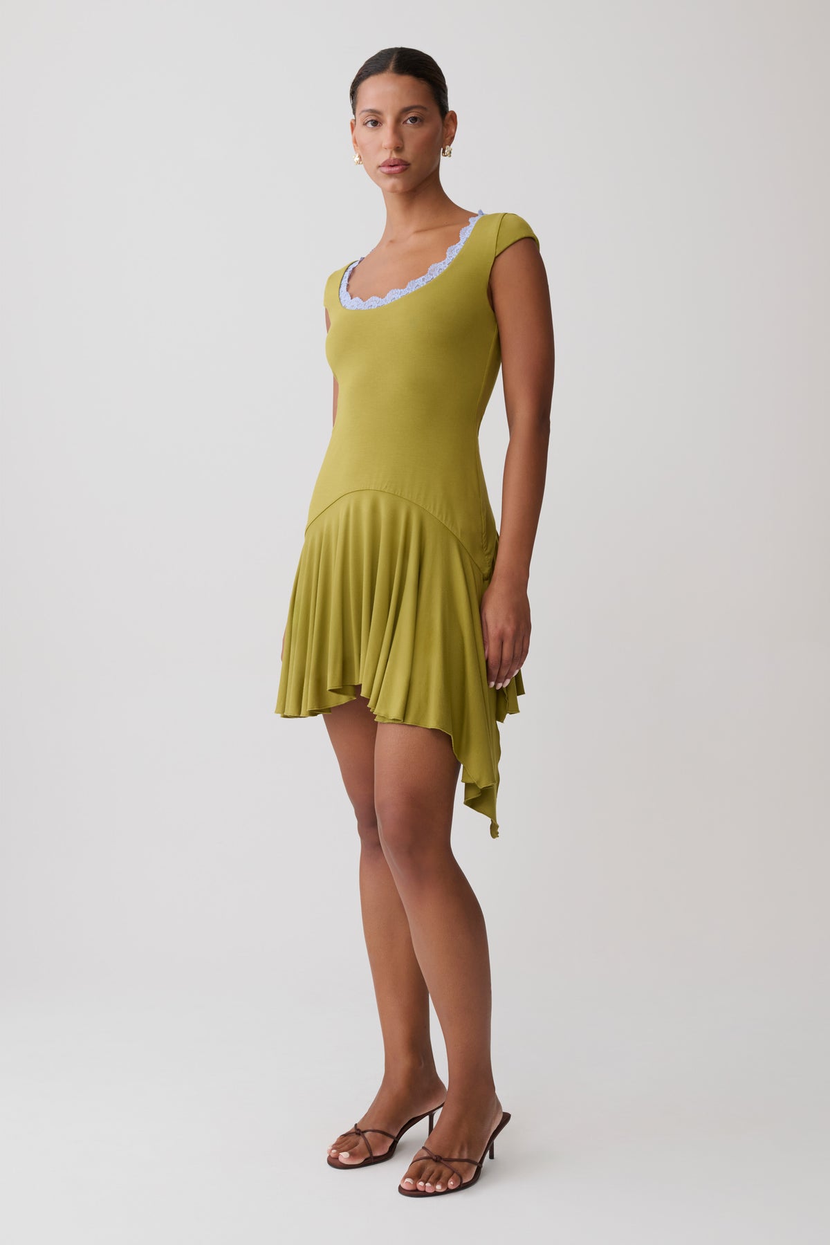 Gardenia Lace Trim Scoop Neck Mini Dress - Olive/Cornflower #4