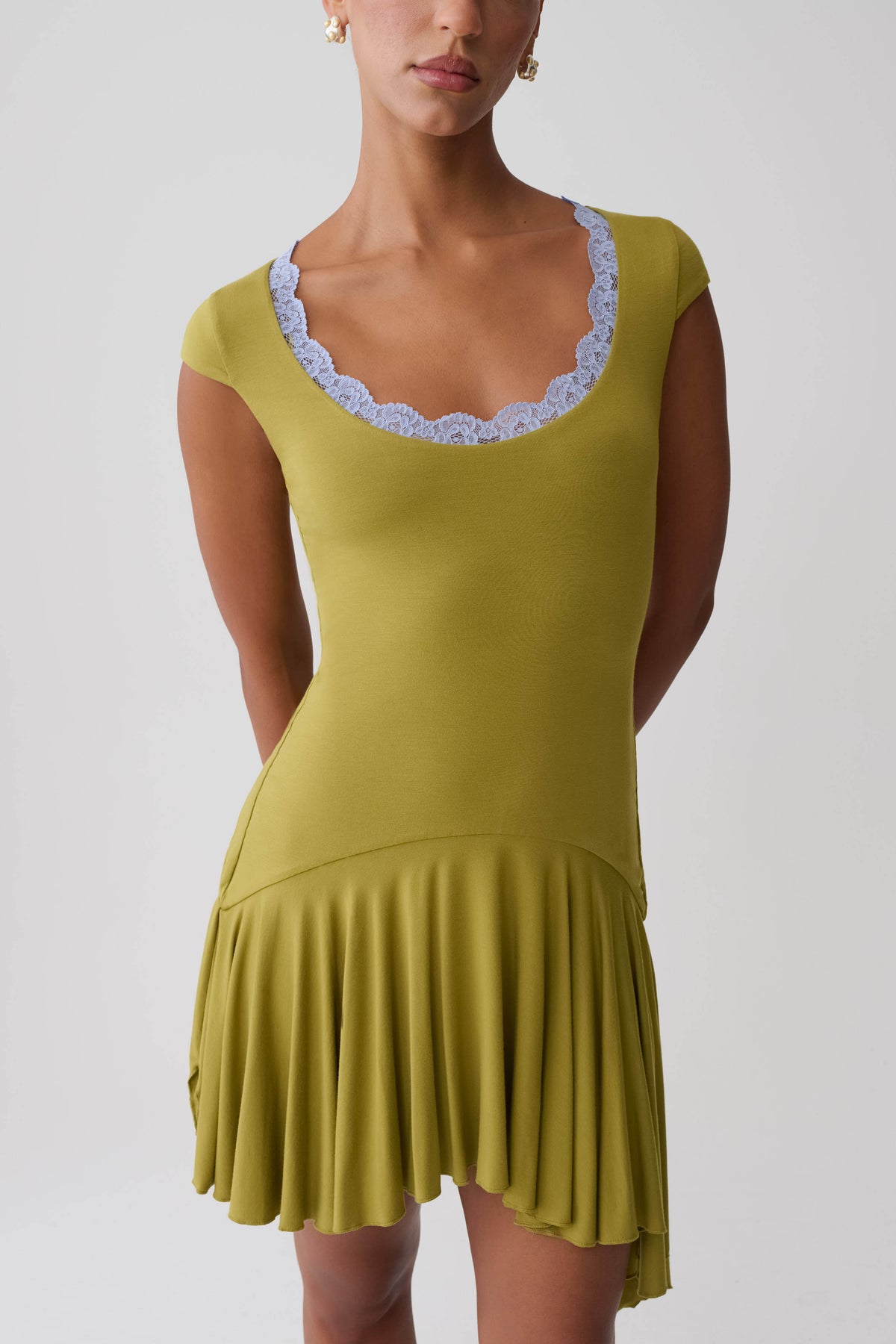 Gardenia Lace Trim Scoop Neck Mini Dress - Olive/Cornflower